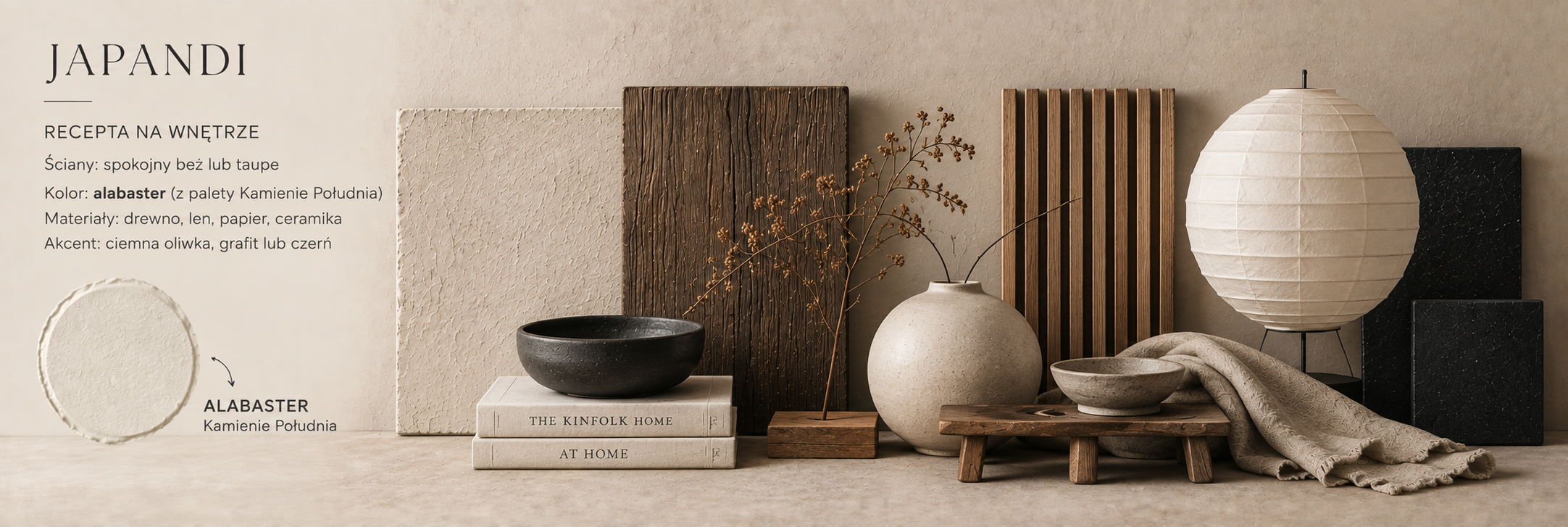 Moodboard stylu japandi – Alabaster z palety Kamienie Południa, drewno, len, papier, ceramika, ciemna oliwka, grafit i czerń
