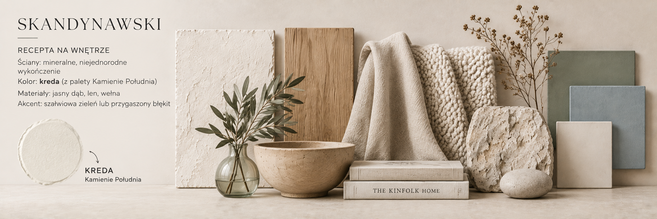 Moodboard stylu skandynawskiego – Kreda z palety Kamienie Południa, jasny dąb, len, wełna, szałwiowa zieleń i przygaszony błękit