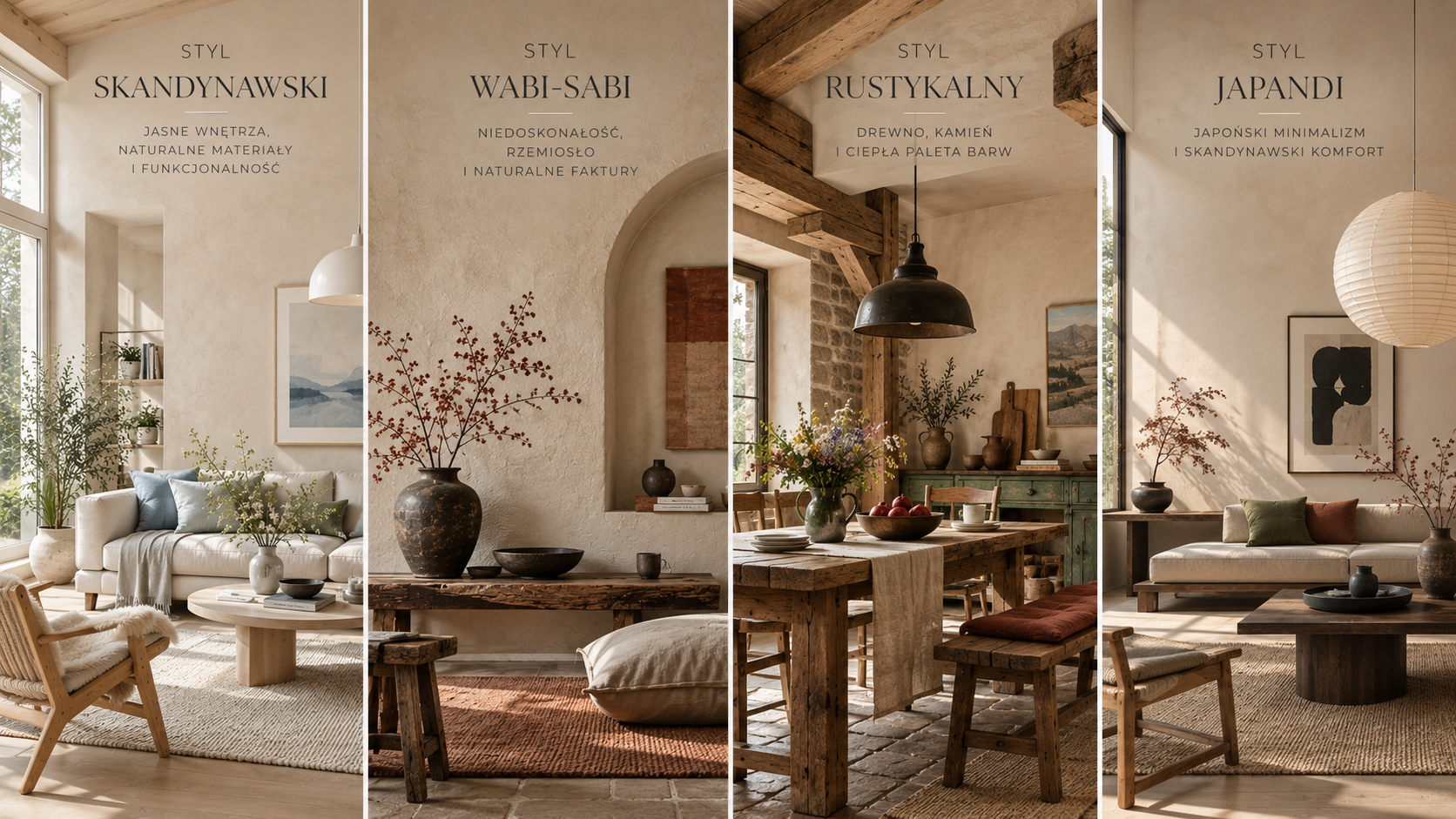 Styl skandynawski, wabi-sabi, rustykalny i japandi – inspiracje wnętrz z beżowymi ścianami i naturalnymi materiałami
