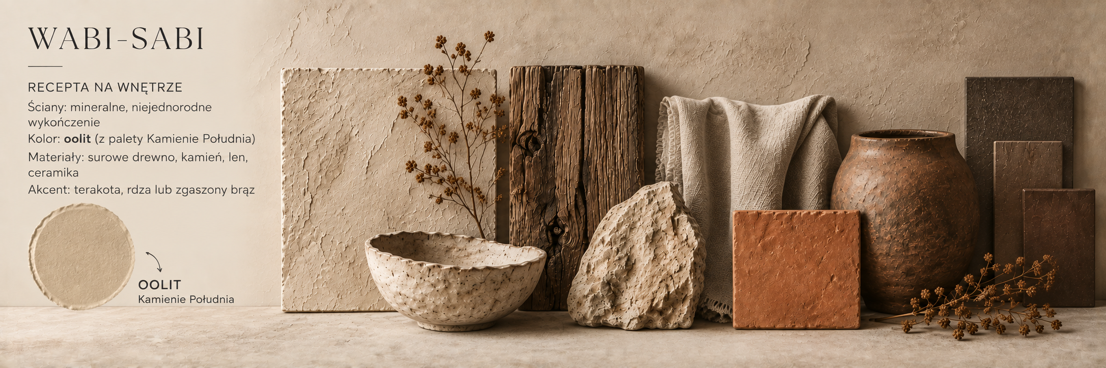Moodboard stylu wabi-sabi – Oolit z palety Kamienie Południa, surowe drewno, kamień, len, ceramika i terakota